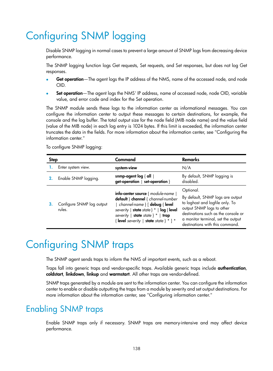 Configuring snmp logging, Configuring snmp traps, Enabling snmp traps | H3C Technologies H3C SecPath F1000-E User Manual | Page 149 / 234