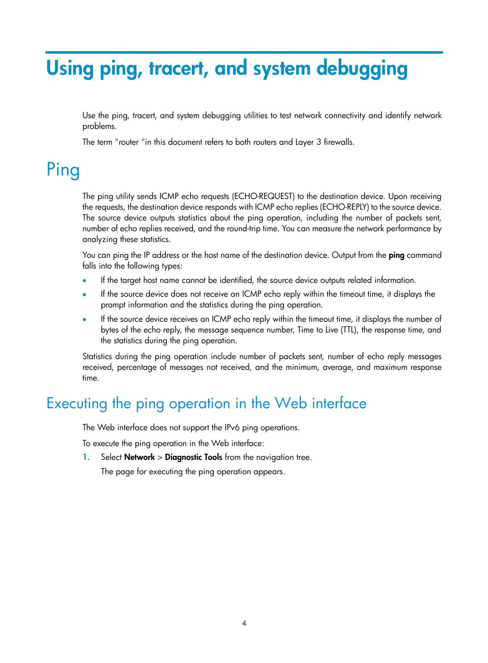 Using ping, tracert, and system debugging, Ping, Executing the ping operation in the web interface | H3C Technologies H3C SecPath F1000-E User Manual | Page 15 / 234