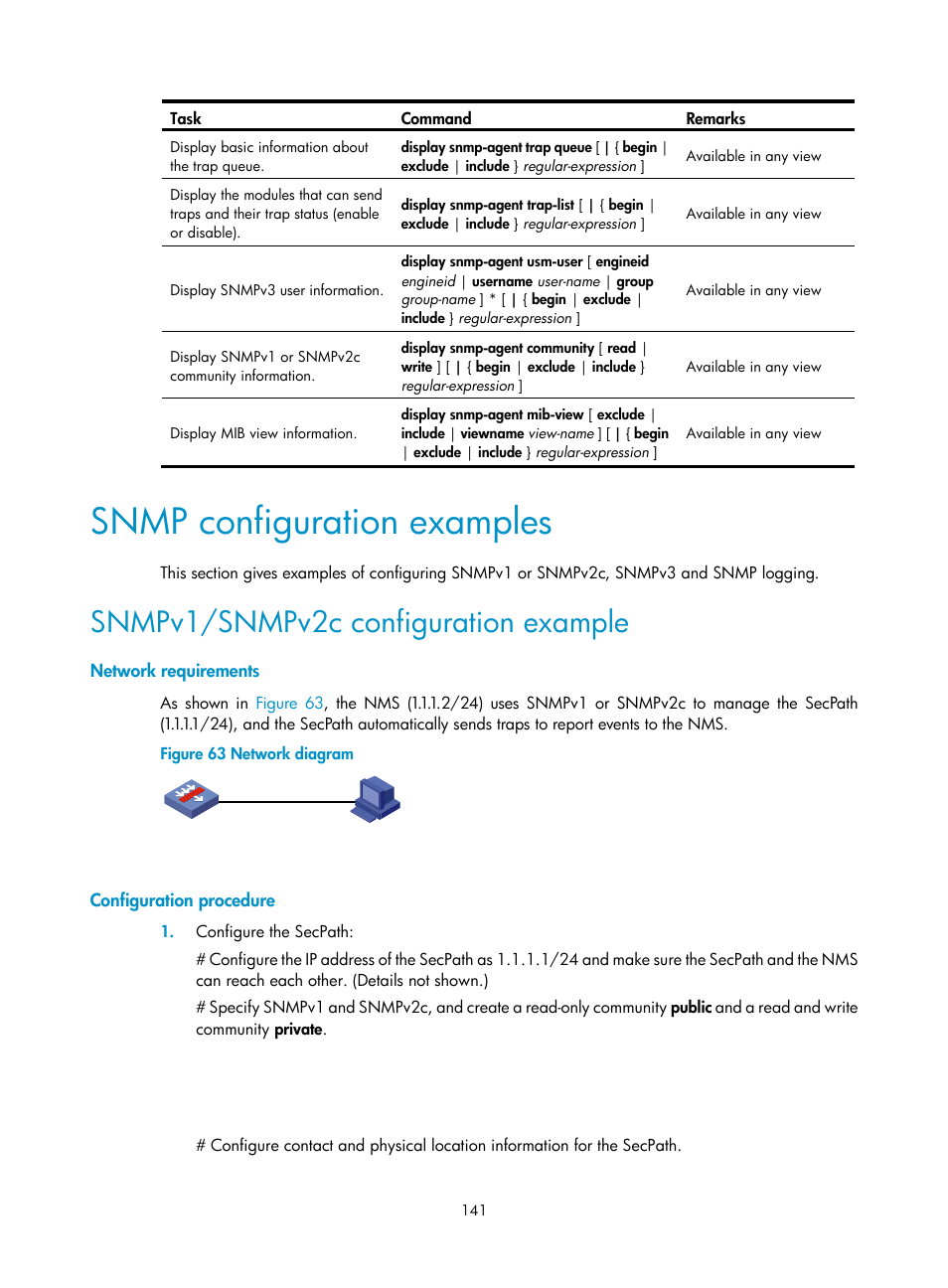 Snmp configuration examples, Snmpv1/snmpv2c configuration example, Network requirements | Configuration procedure | H3C Technologies H3C SecPath F1000-E User Manual | Page 152 / 234