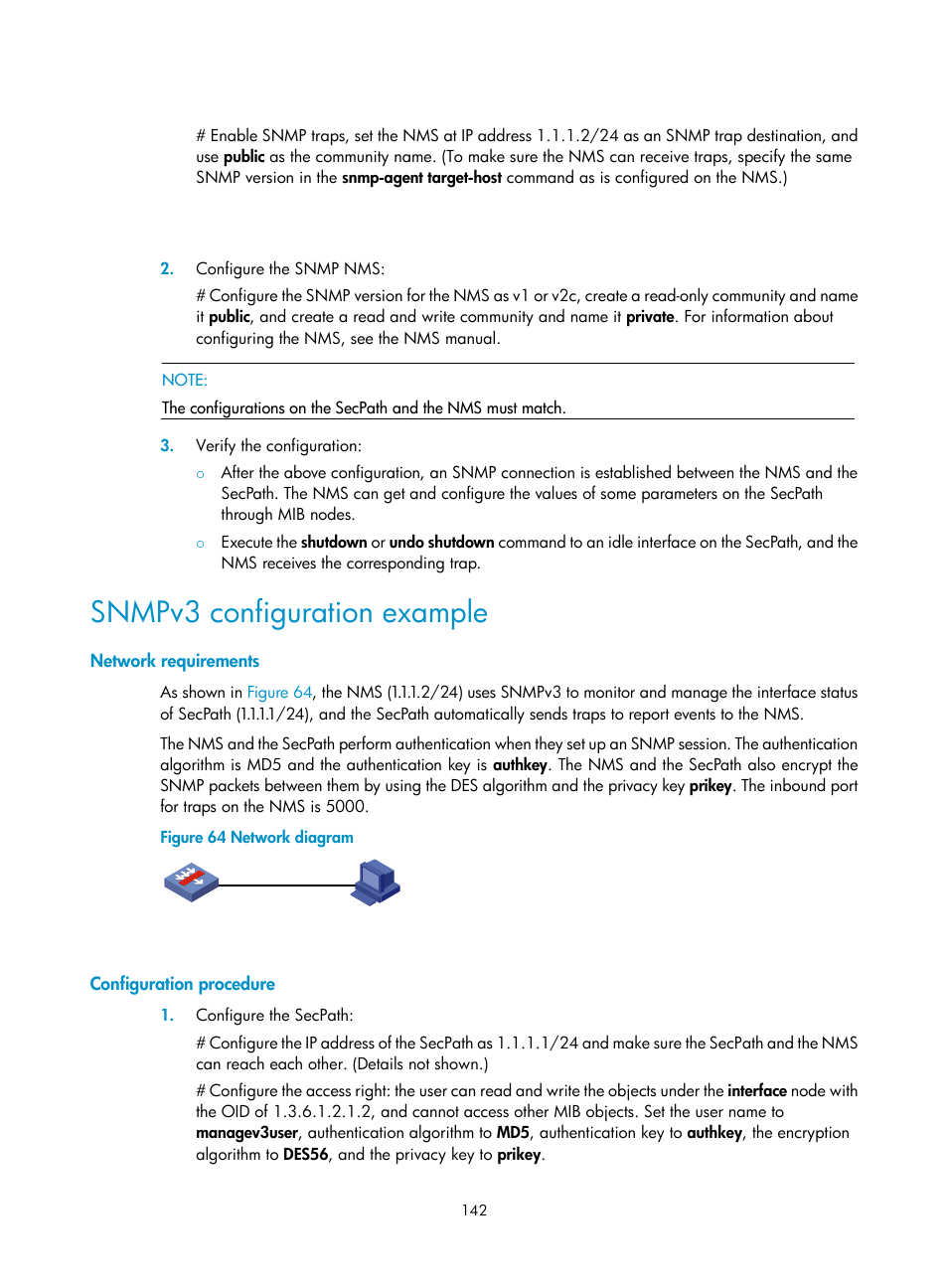 Snmpv3 configuration example, Network requirements, Configuration procedure | H3C Technologies H3C SecPath F1000-E User Manual | Page 153 / 234