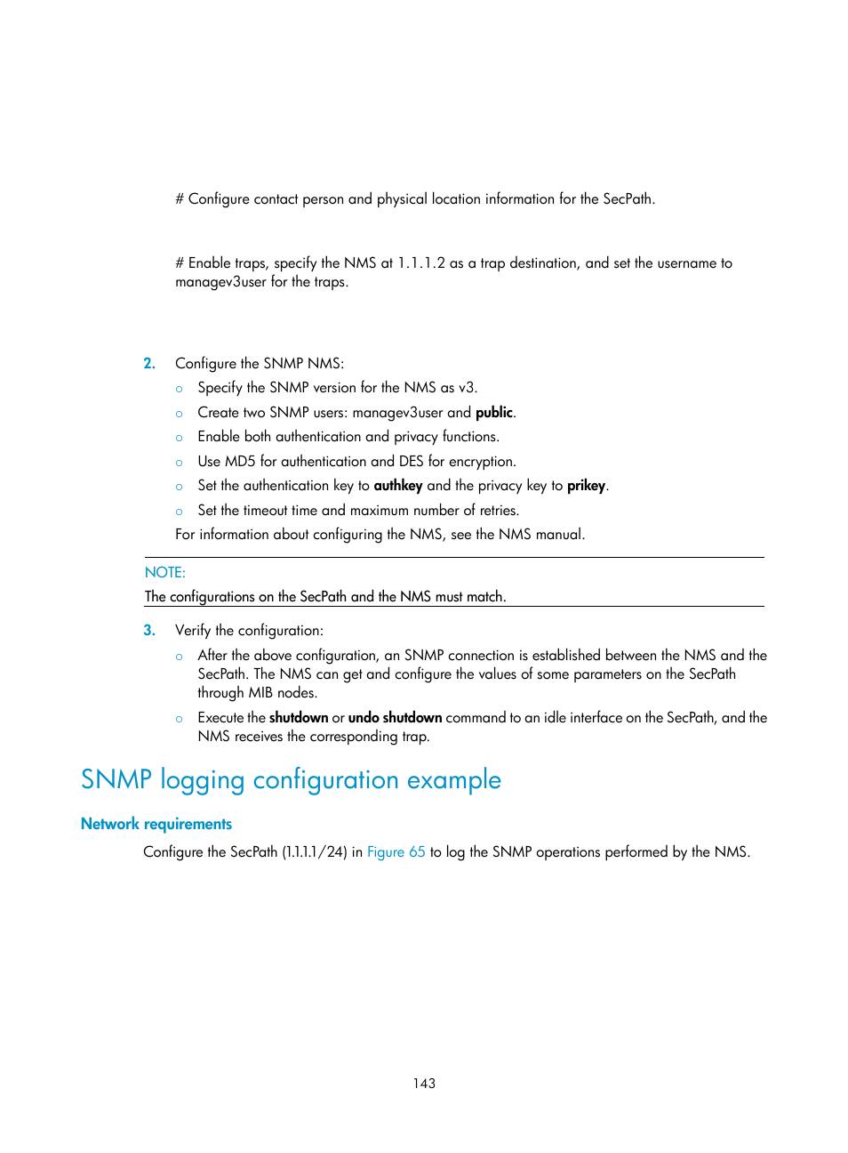 Snmp logging configuration example, Network requirements | H3C Technologies H3C SecPath F1000-E User Manual | Page 154 / 234