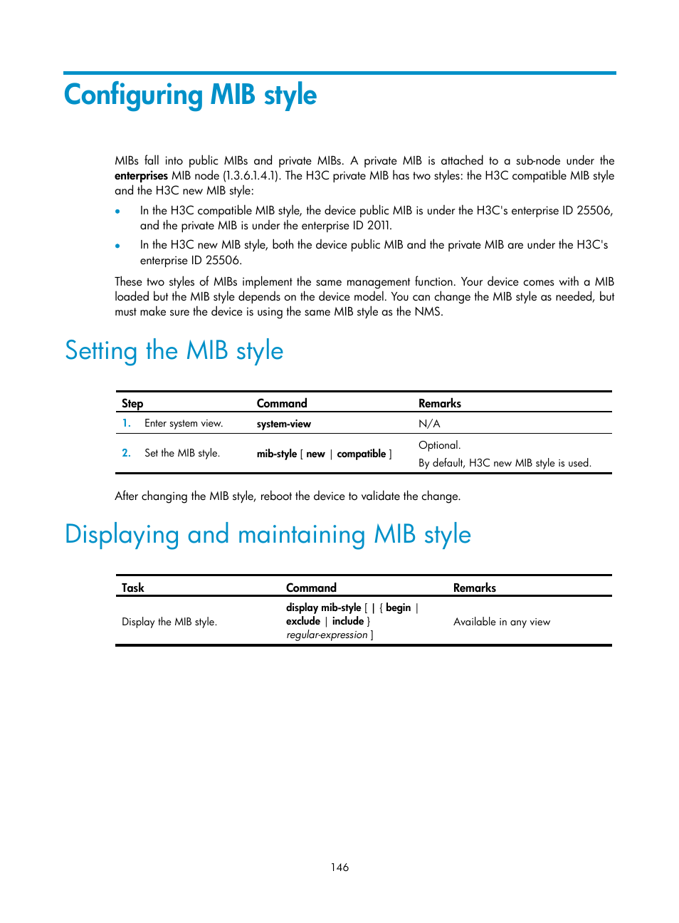 Configuring mib style, Setting the mib style, Displaying and maintaining mib style | H3C Technologies H3C SecPath F1000-E User Manual | Page 157 / 234