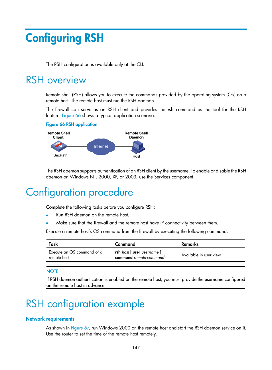 Configuring rsh, Rsh overview, Configuration procedure | Rsh configuration example, Network requirements | H3C Technologies H3C SecPath F1000-E User Manual | Page 158 / 234