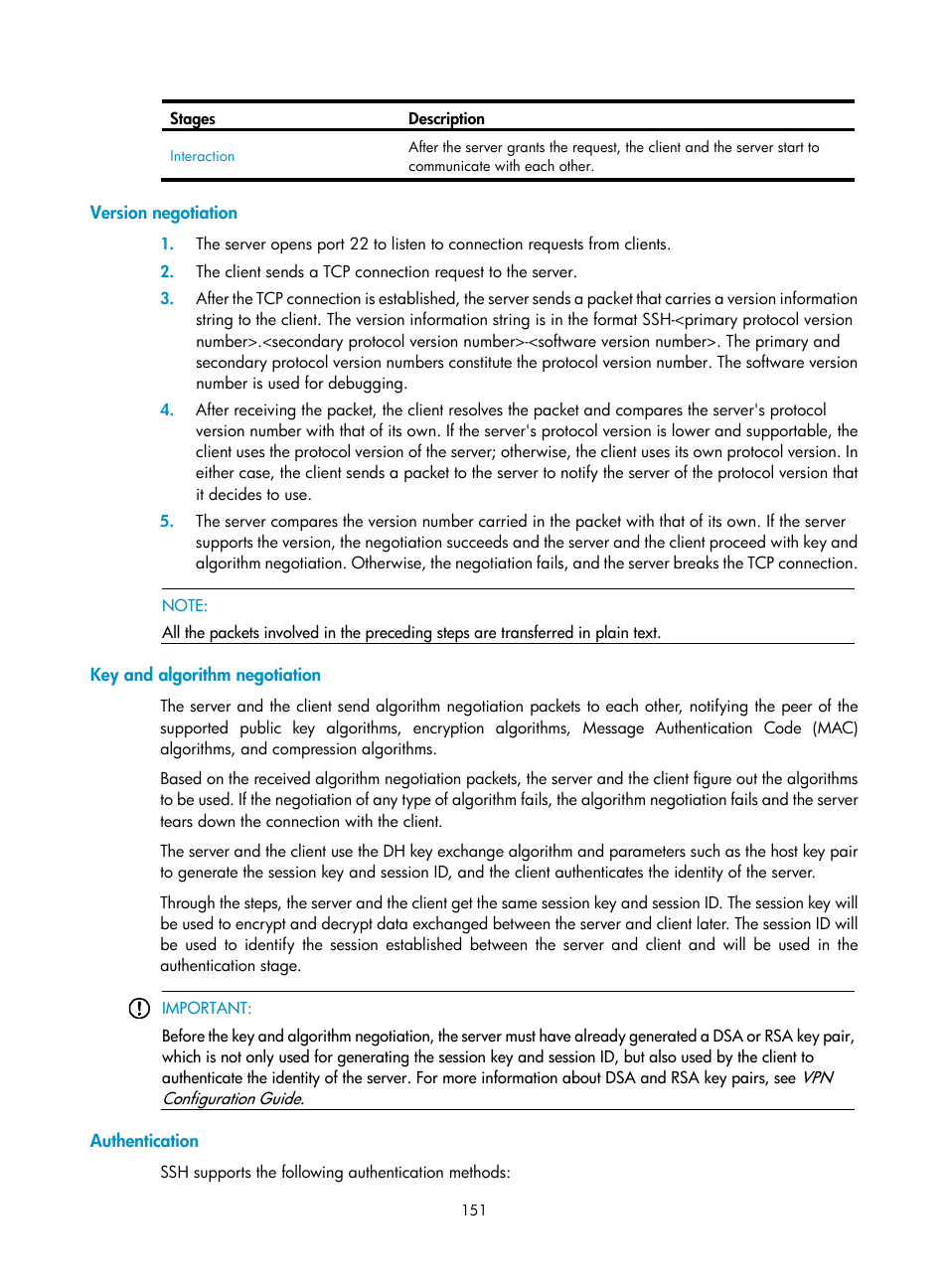 Version negotiation, Key and algorithm negotiation, Authentication | H3C Technologies H3C SecPath F1000-E User Manual | Page 162 / 234