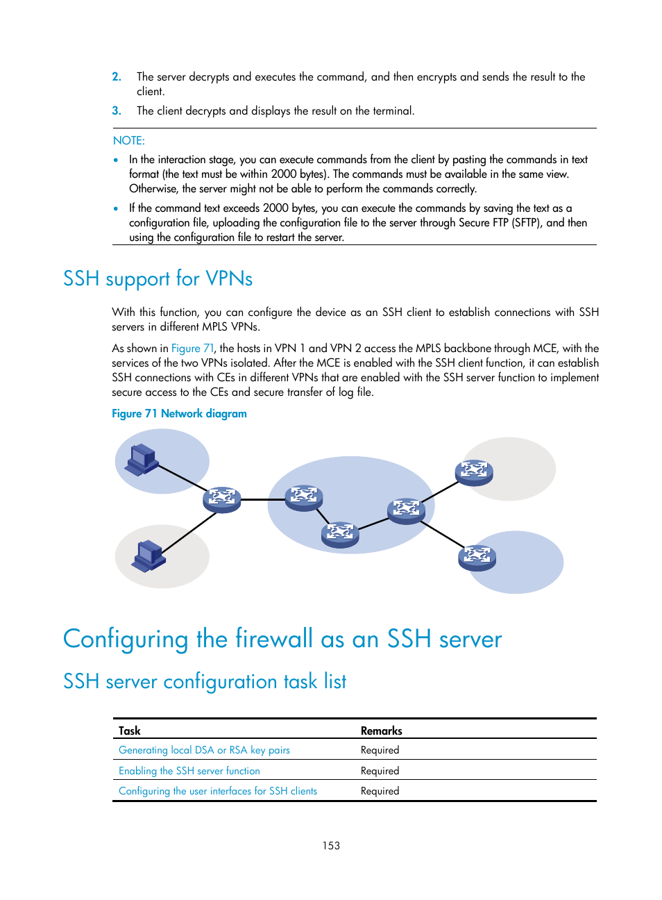 Ssh support for vpns, Configuring the firewall as an ssh server, Ssh server configuration task list | H3C Technologies H3C SecPath F1000-E User Manual | Page 164 / 234