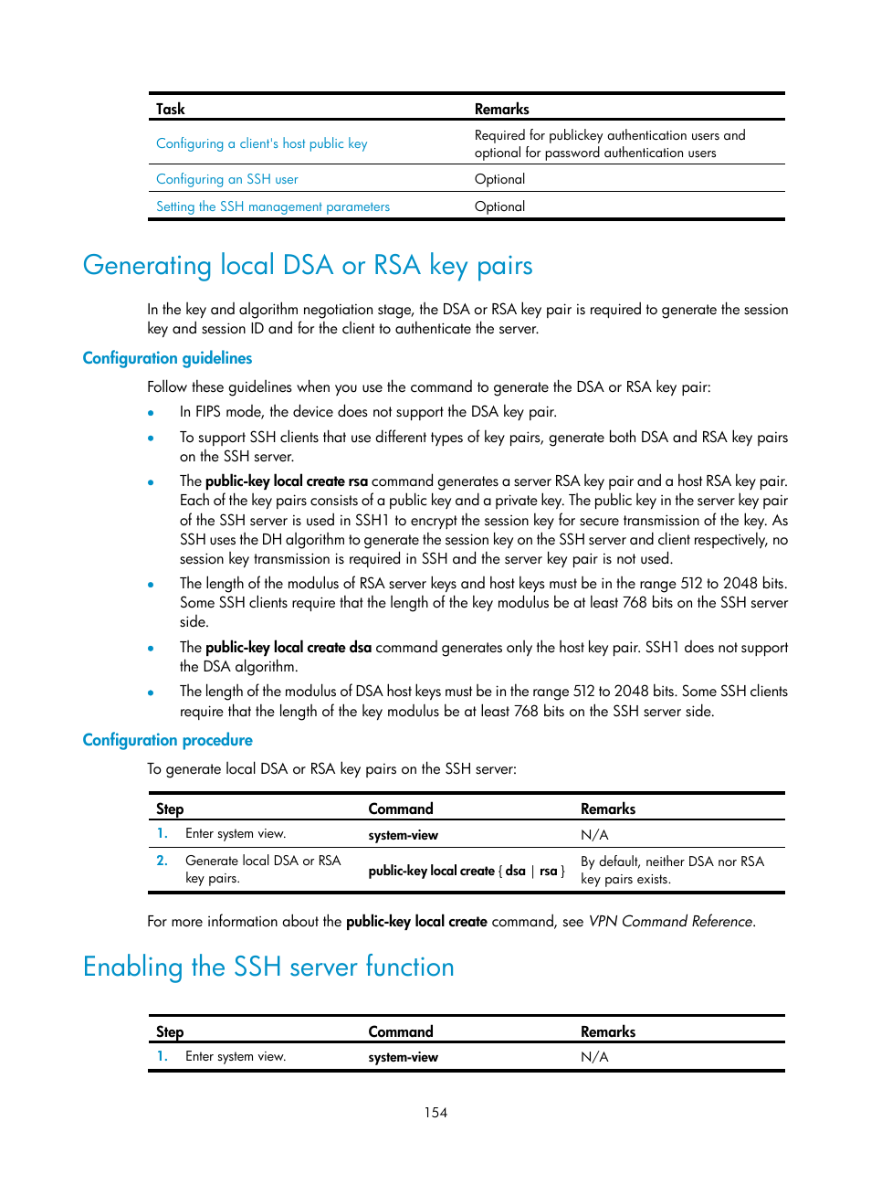 Generating local dsa or rsa key pairs, Configuration guidelines, Configuration procedure | Enabling the ssh server function | H3C Technologies H3C SecPath F1000-E User Manual | Page 165 / 234