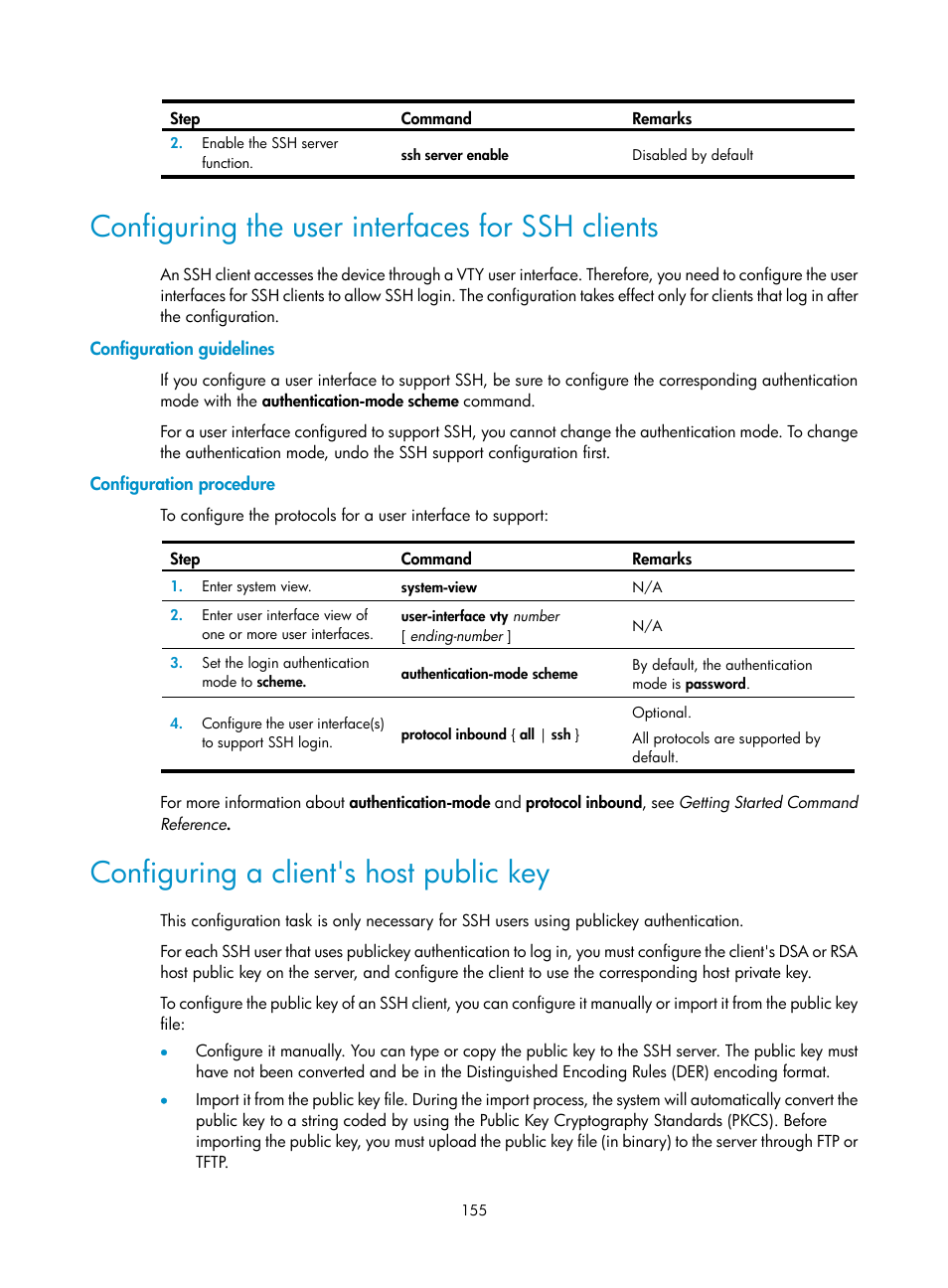 Configuring the user interfaces for ssh clients, Configuration guidelines, Configuration procedure | Configuring a client's host public key | H3C Technologies H3C SecPath F1000-E User Manual | Page 166 / 234