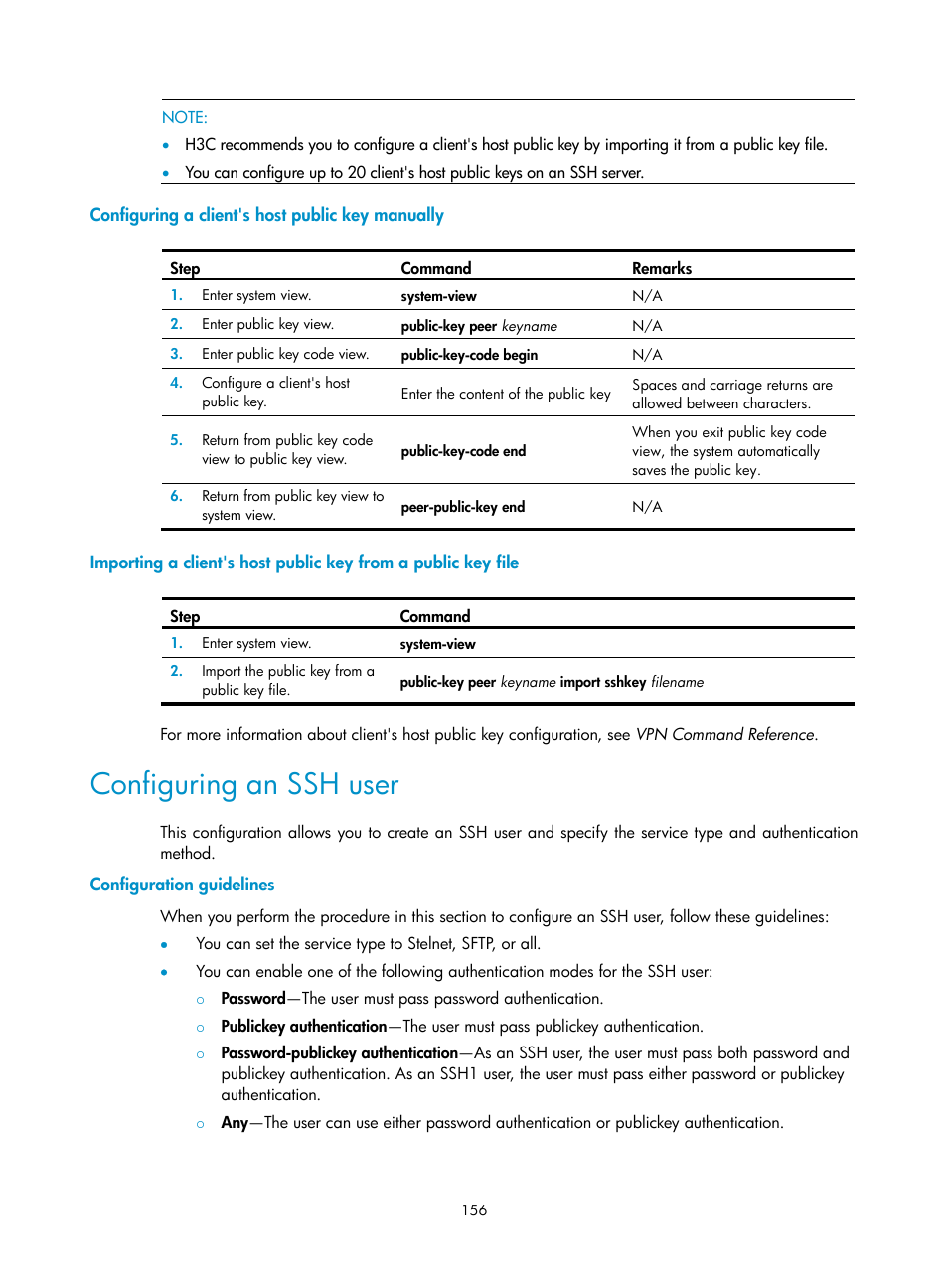 Configuring a client's host public key manually, Configuring an ssh user, Configuration guidelines | H3C Technologies H3C SecPath F1000-E User Manual | Page 167 / 234