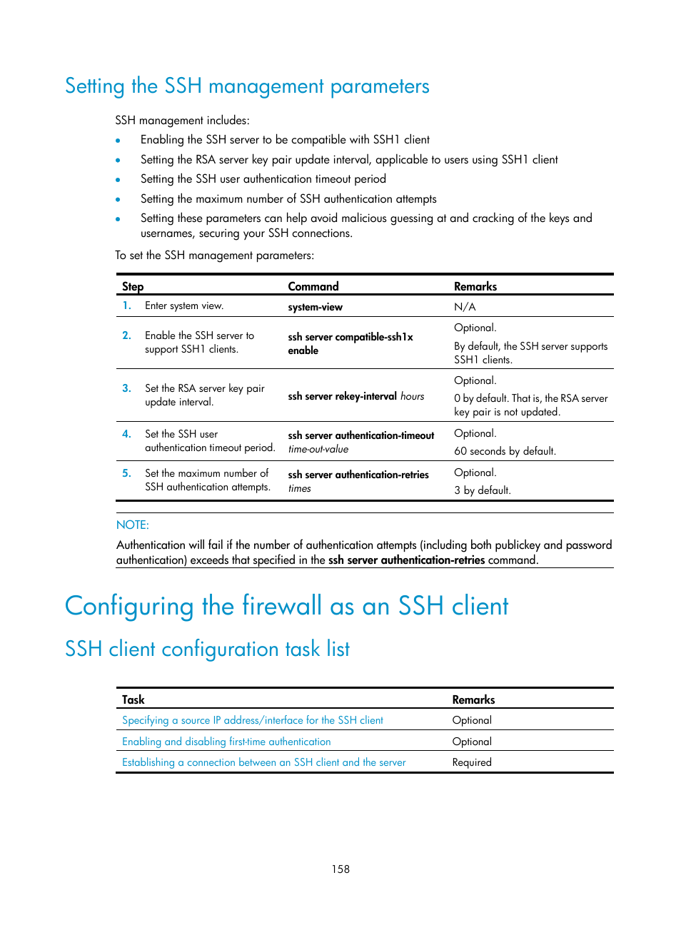 Setting the ssh management parameters, Configuring the firewall as an ssh client, Ssh client configuration task list | H3C Technologies H3C SecPath F1000-E User Manual | Page 169 / 234