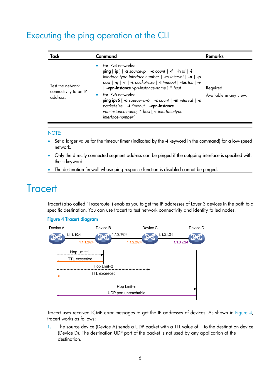 Executing the ping operation at the cli, Tracert | H3C Technologies H3C SecPath F1000-E User Manual | Page 17 / 234