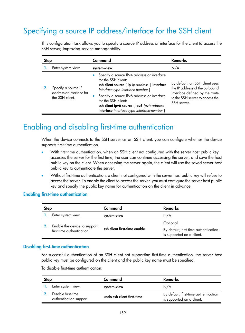 Enabling and disabling first-time authentication, Enabling first-time authentication, Disabling first-time authentication | H3C Technologies H3C SecPath F1000-E User Manual | Page 170 / 234