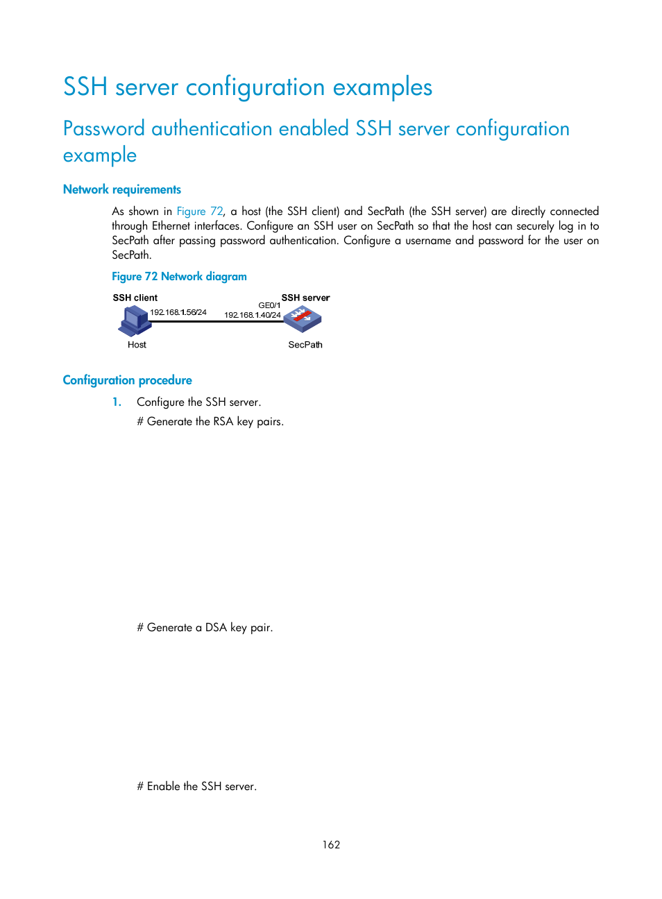 Ssh server configuration examples, Network requirements, Configuration procedure | H3C Technologies H3C SecPath F1000-E User Manual | Page 173 / 234