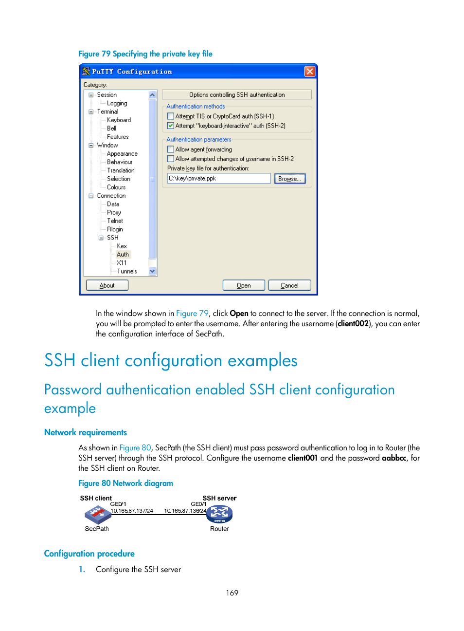 Ssh client configuration examples, Network requirements, Configuration procedure | H3C Technologies H3C SecPath F1000-E User Manual | Page 180 / 234