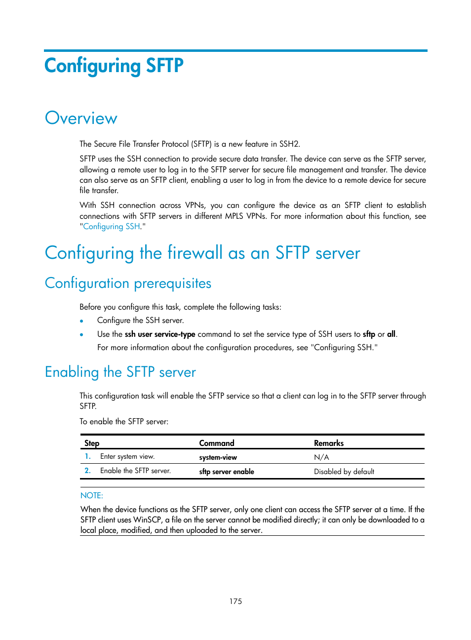 Configuring sftp, Overview, Configuring the firewall as an sftp server | Configuration prerequisites, Enabling the sftp server | H3C Technologies H3C SecPath F1000-E User Manual | Page 186 / 234