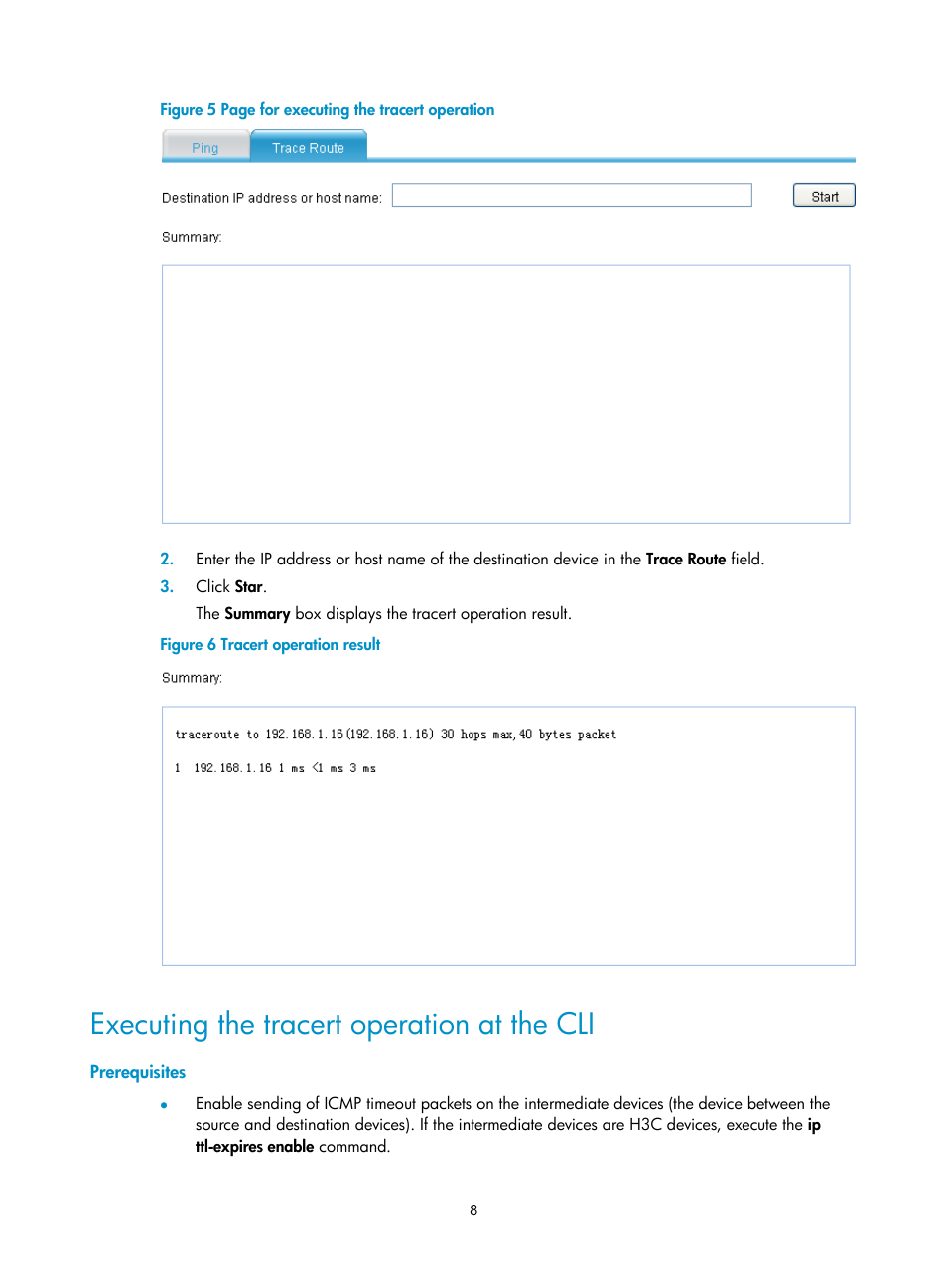 Executing the tracert operation at the cli, Prerequisites | H3C Technologies H3C SecPath F1000-E User Manual | Page 19 / 234