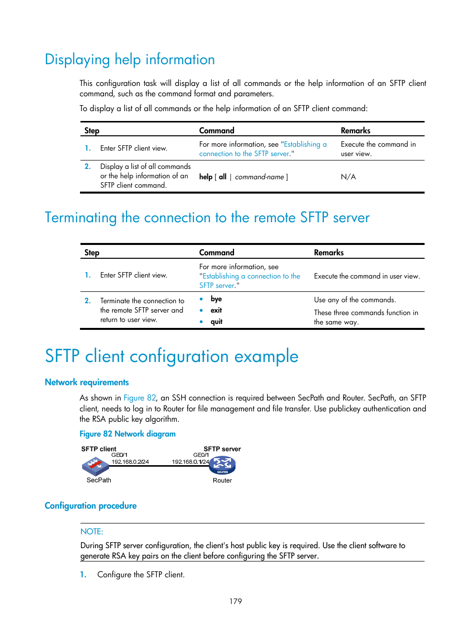 Displaying help information, Sftp client configuration example, Network requirements | Configuration procedure | H3C Technologies H3C SecPath F1000-E User Manual | Page 190 / 234