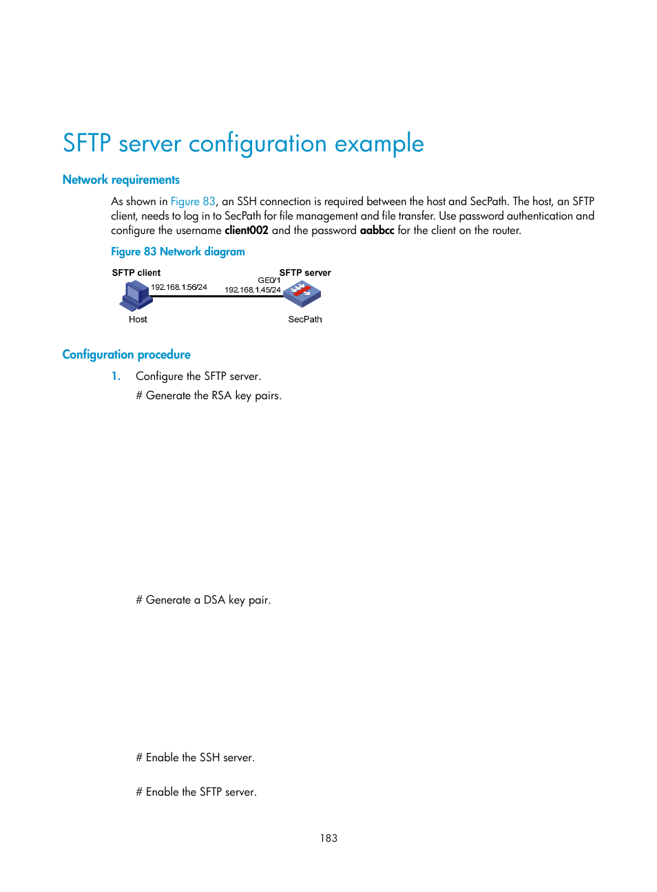 Sftp server configuration example, Network requirements, Configuration procedure | H3C Technologies H3C SecPath F1000-E User Manual | Page 194 / 234