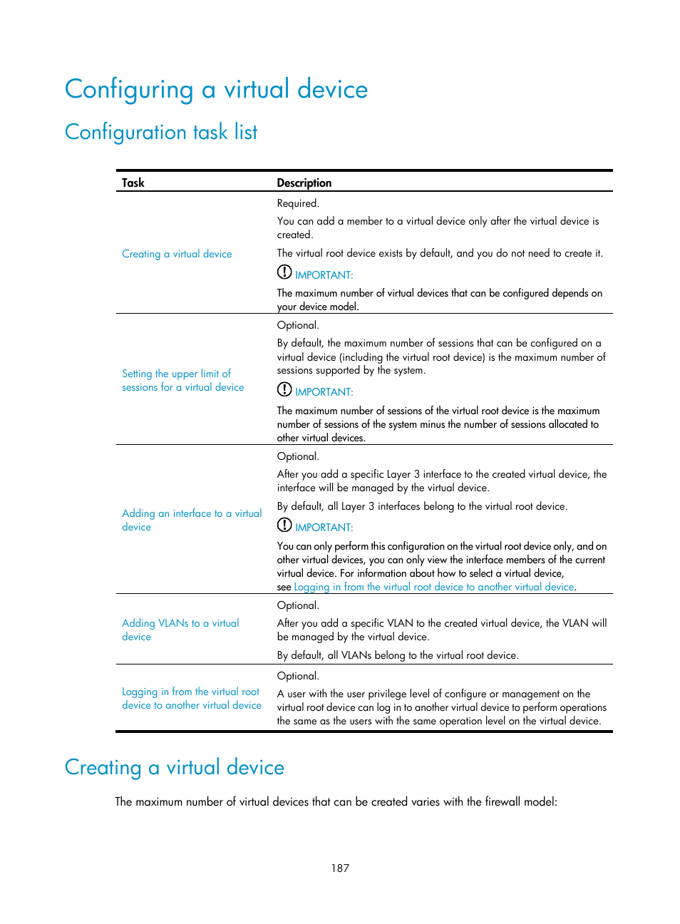 Configuring a virtual device, Configuration task list, Creating a virtual device | H3C Technologies H3C SecPath F1000-E User Manual | Page 198 / 234