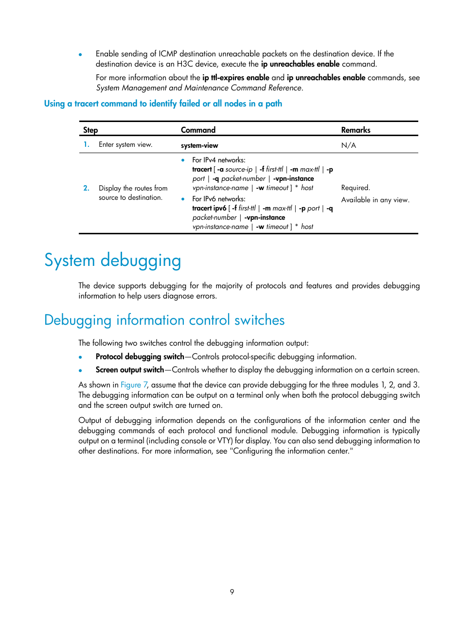 System debugging, Debugging information control switches | H3C Technologies H3C SecPath F1000-E User Manual | Page 20 / 234