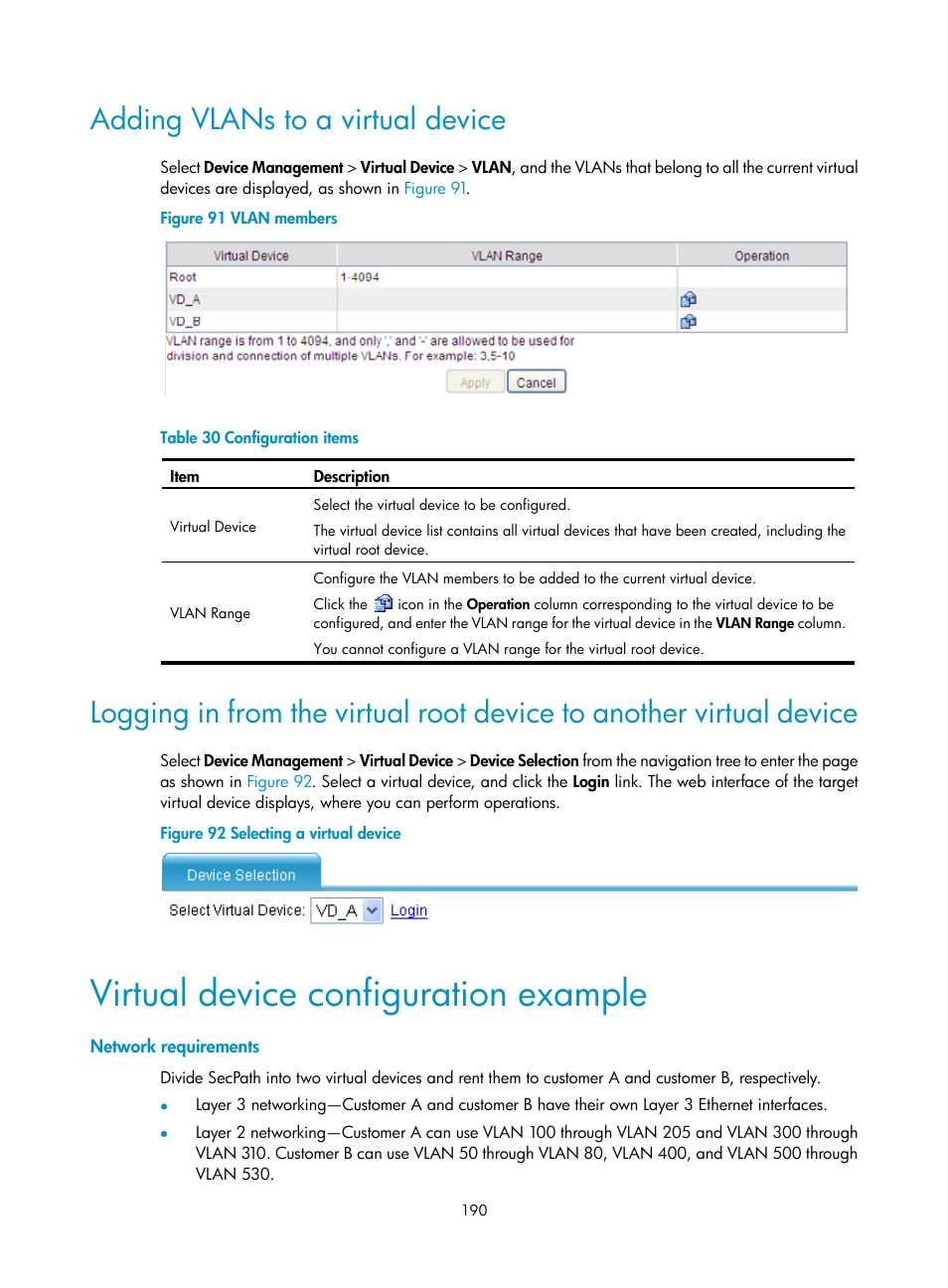 Adding vlans to a virtual device, Virtual device configuration example, Network requirements | H3C Technologies H3C SecPath F1000-E User Manual | Page 201 / 234