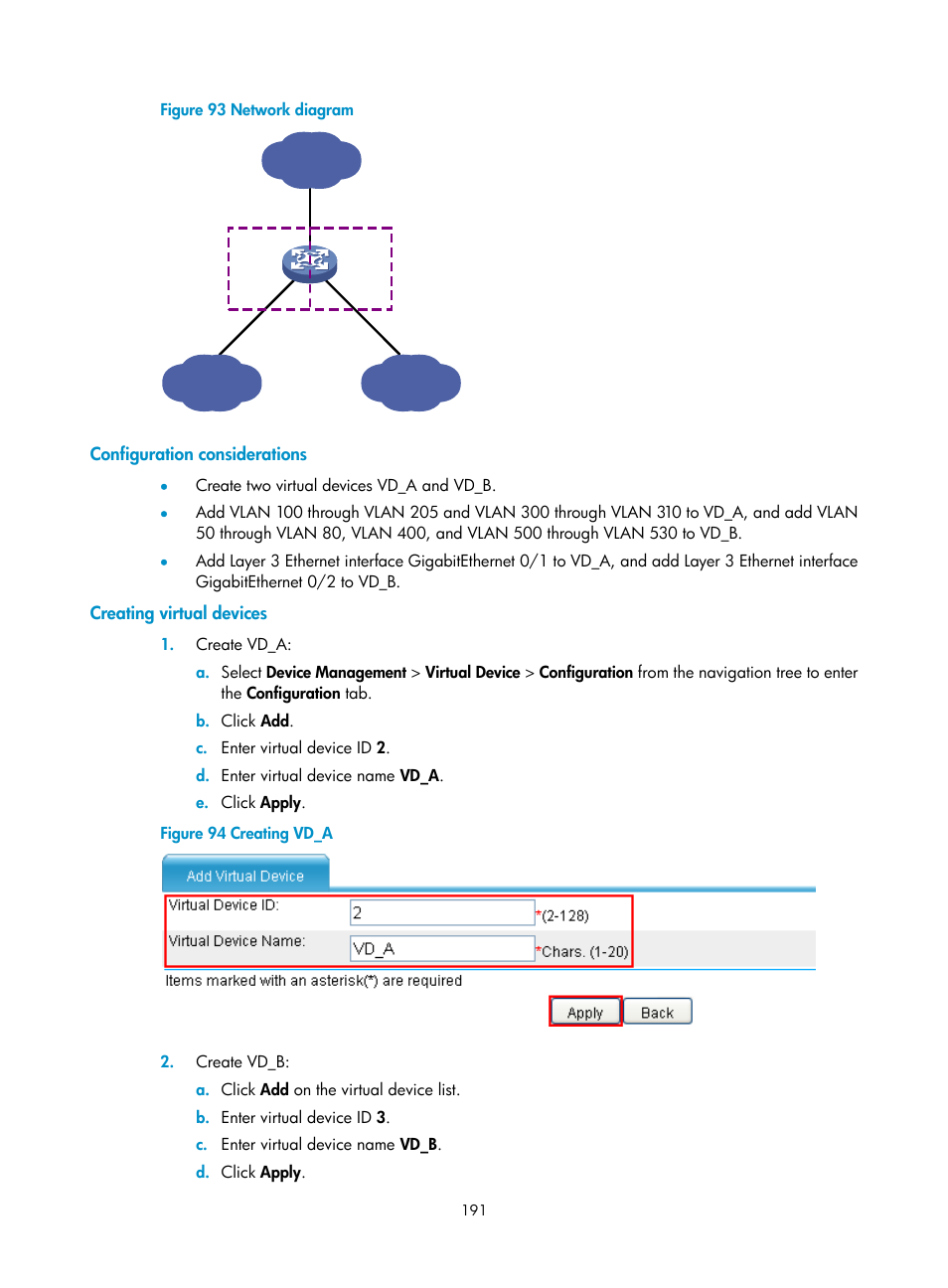 Configuration considerations, Creating virtual devices | H3C Technologies H3C SecPath F1000-E User Manual | Page 202 / 234
