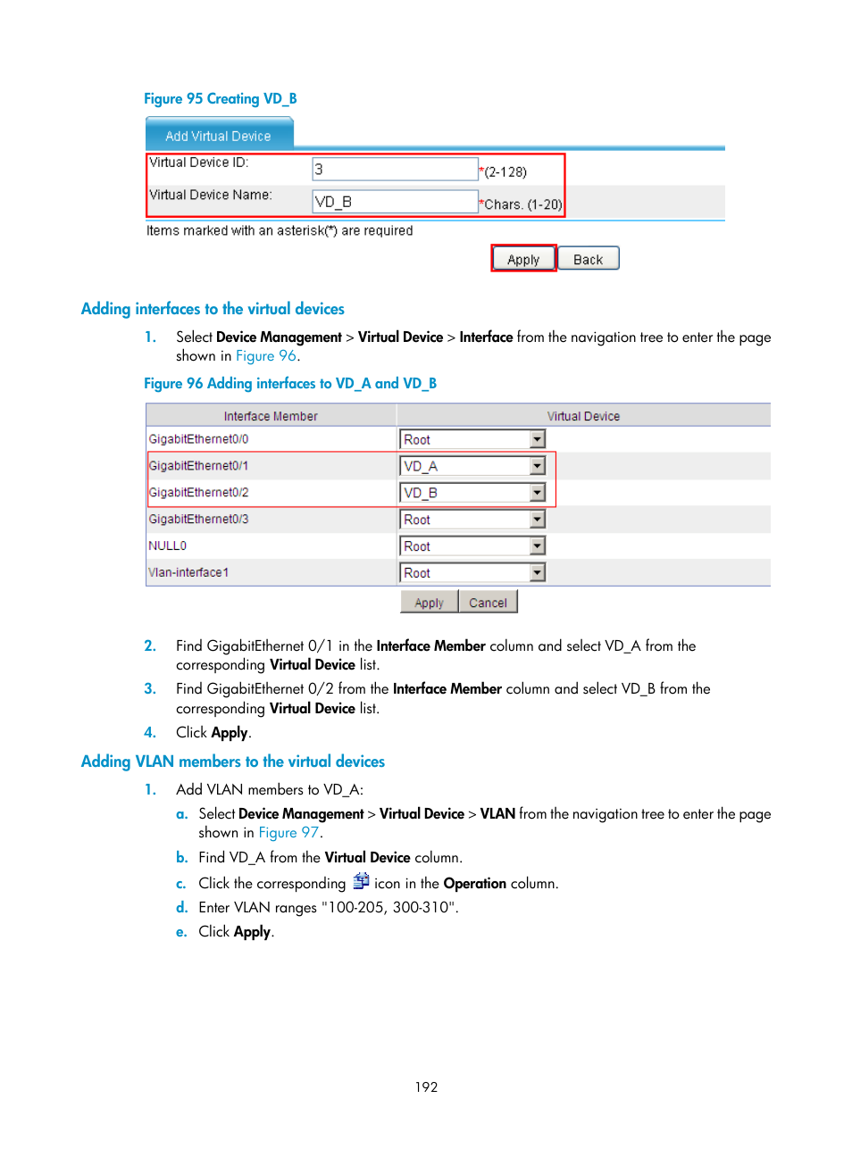 Adding interfaces to the virtual devices, Adding vlan members to the virtual devices | H3C Technologies H3C SecPath F1000-E User Manual | Page 203 / 234