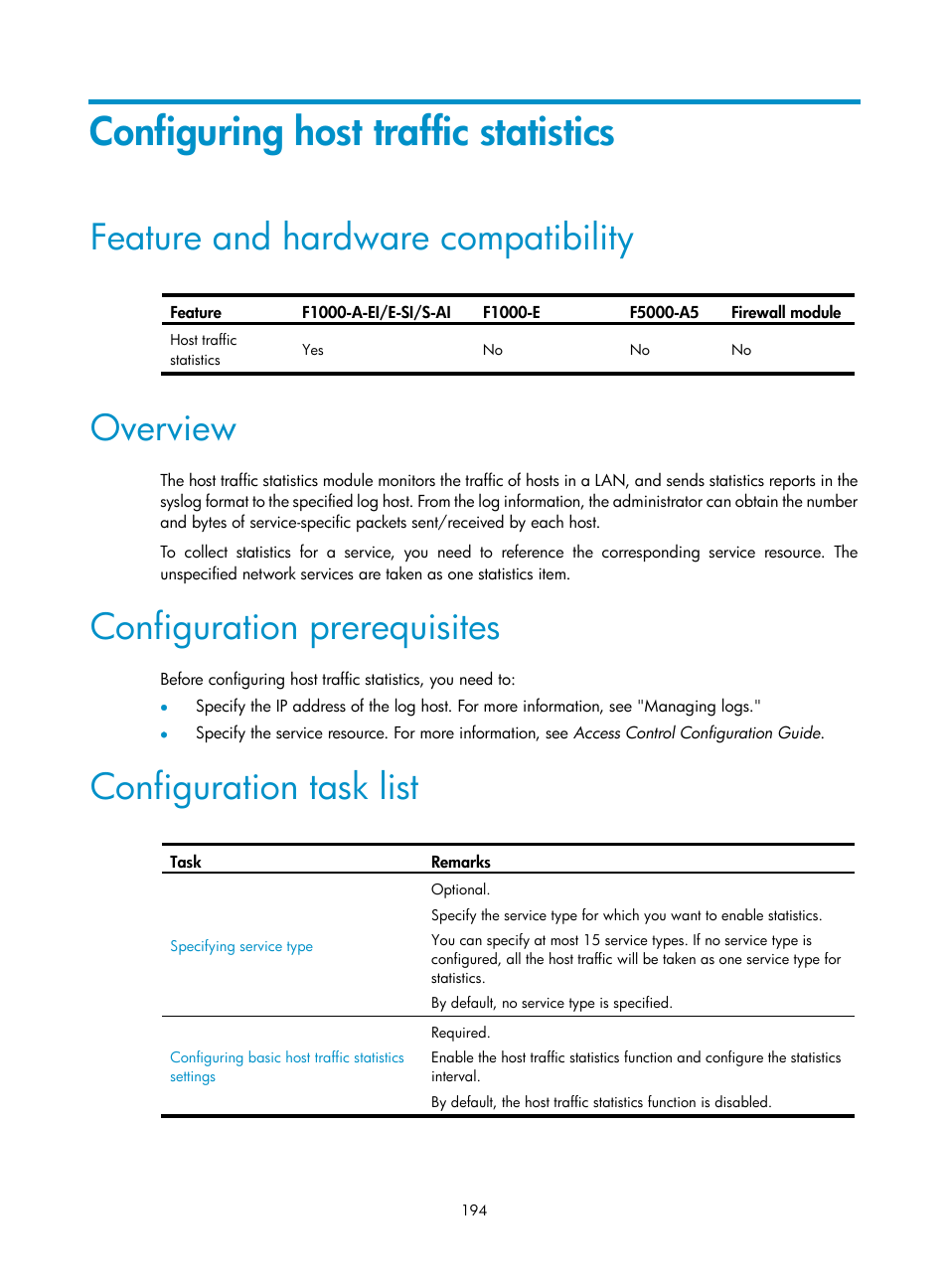Configuring host traffic statistics, Feature and hardware compatibility, Overview | Configuration prerequisites, Configuration task list | H3C Technologies H3C SecPath F1000-E User Manual | Page 205 / 234