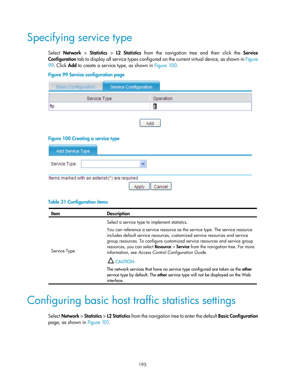 Specifying service type, Configuring basic host traffic statistics settings | H3C Technologies H3C SecPath F1000-E User Manual | Page 206 / 234