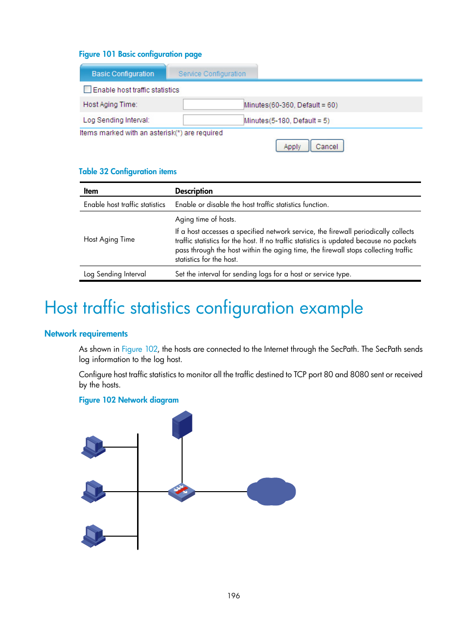 Host traffic statistics configuration example, Network requirements, N in | Figure 101 | H3C Technologies H3C SecPath F1000-E User Manual | Page 207 / 234