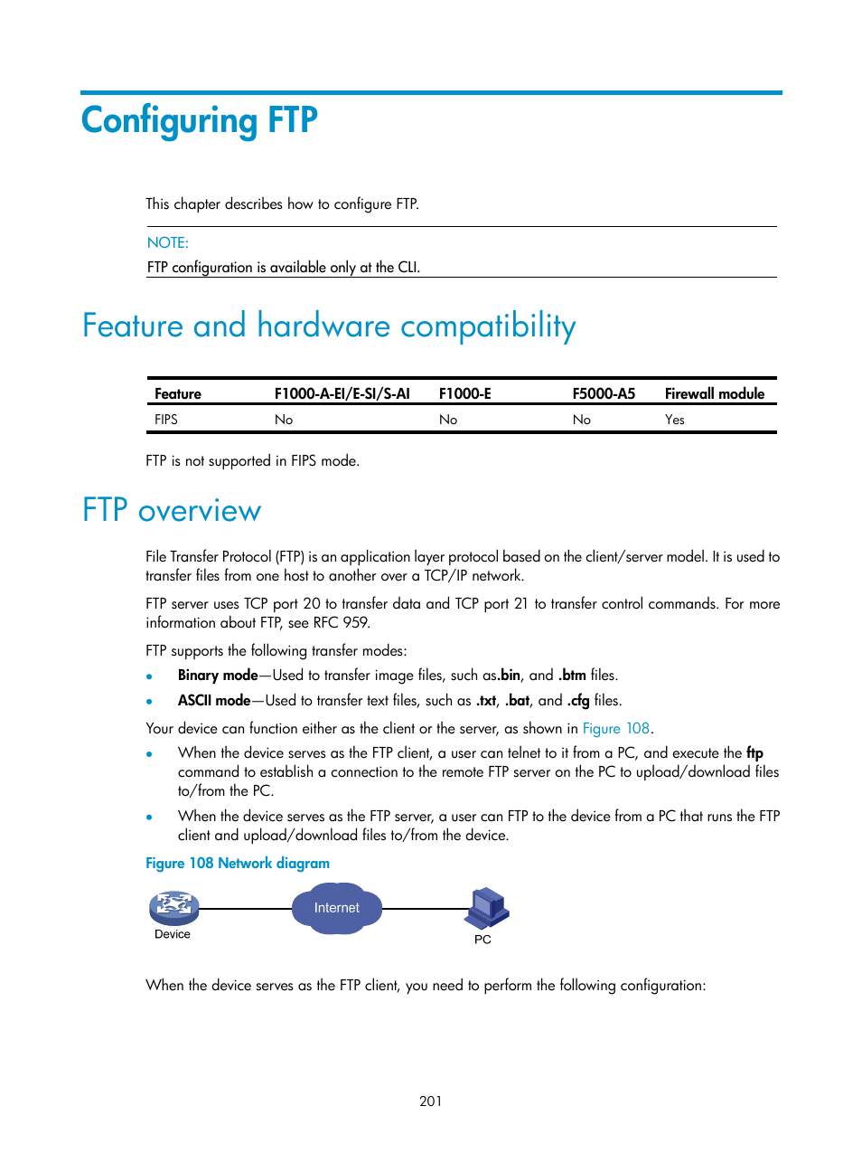 Configuring ftp, Feature and hardware compatibility, Ftp overview | H3C Technologies H3C SecPath F1000-E User Manual | Page 212 / 234