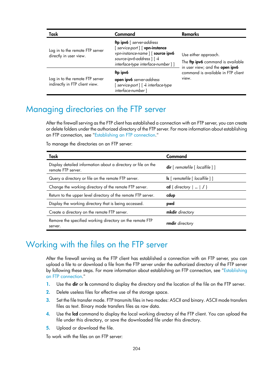 Managing directories on the ftp server, Working with the files on the ftp server | H3C Technologies H3C SecPath F1000-E User Manual | Page 215 / 234