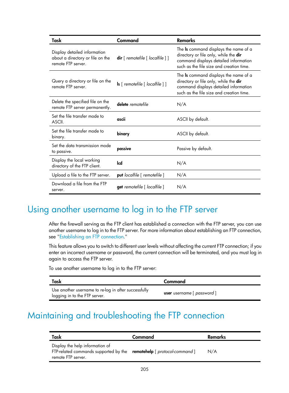 Using another username to log in to the ftp server, Maintaining and troubleshooting the ftp connection | H3C Technologies H3C SecPath F1000-E User Manual | Page 216 / 234