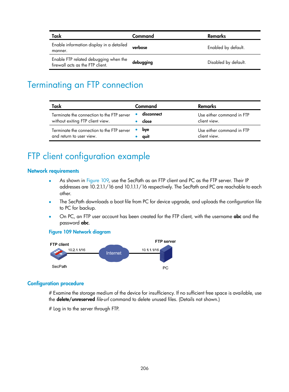 Terminating an ftp connection, Ftp client configuration example, Network requirements | Configuration procedure | H3C Technologies H3C SecPath F1000-E User Manual | Page 217 / 234