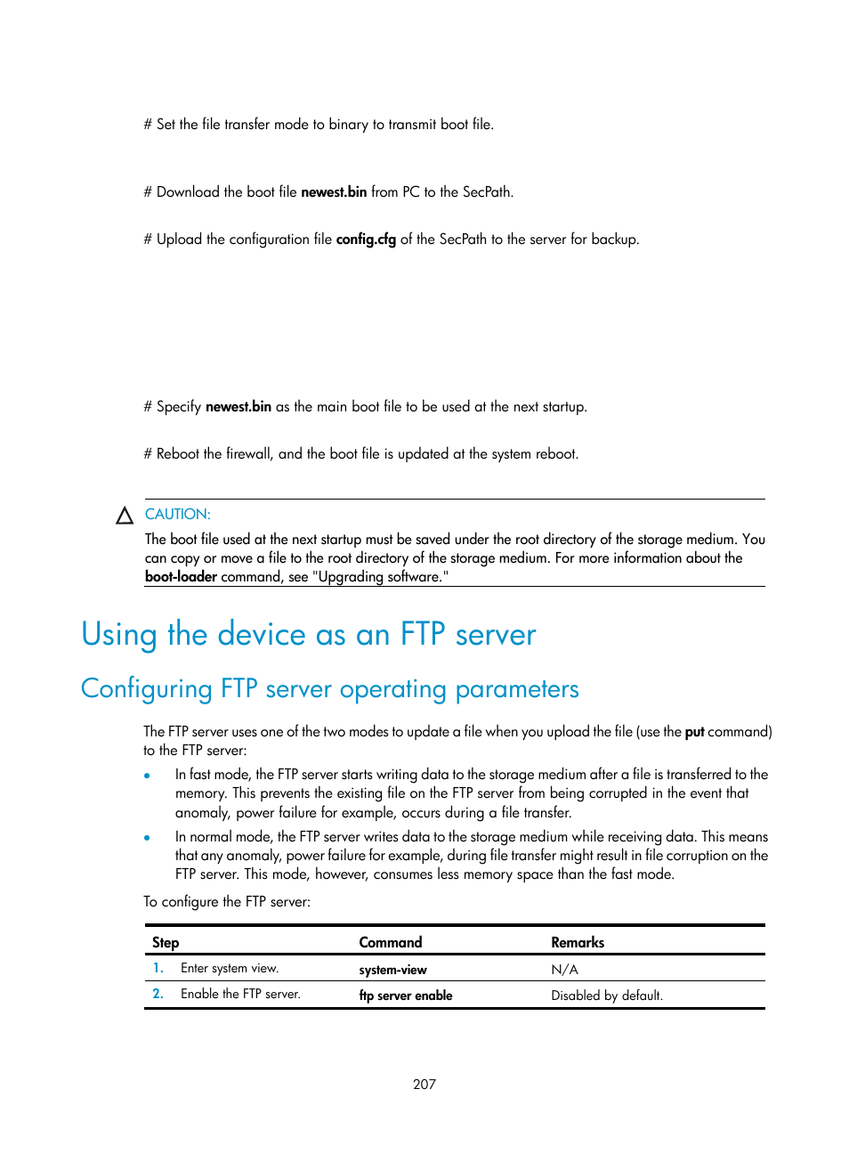 Using the device as an ftp server, Configuring ftp server operating parameters | H3C Technologies H3C SecPath F1000-E User Manual | Page 218 / 234