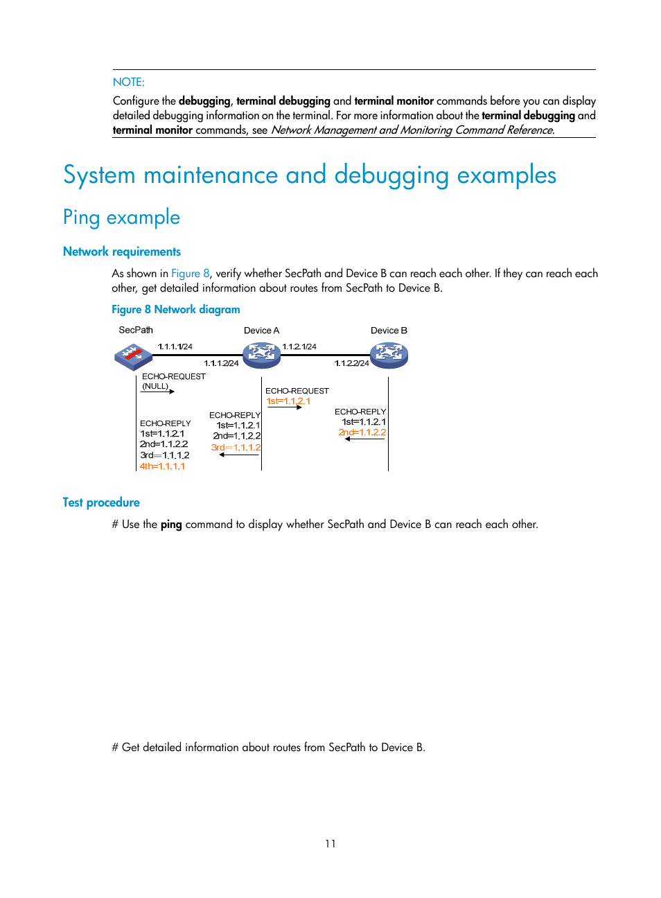 System maintenance and debugging examples, Ping example, Network requirements | Test procedure | H3C Technologies H3C SecPath F1000-E User Manual | Page 22 / 234