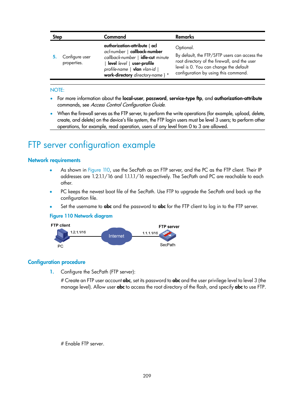 Ftp server configuration example, Network requirements, Configuration procedure | H3C Technologies H3C SecPath F1000-E User Manual | Page 220 / 234