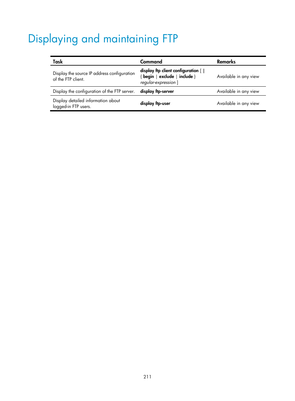 Displaying and maintaining ftp | H3C Technologies H3C SecPath F1000-E User Manual | Page 222 / 234