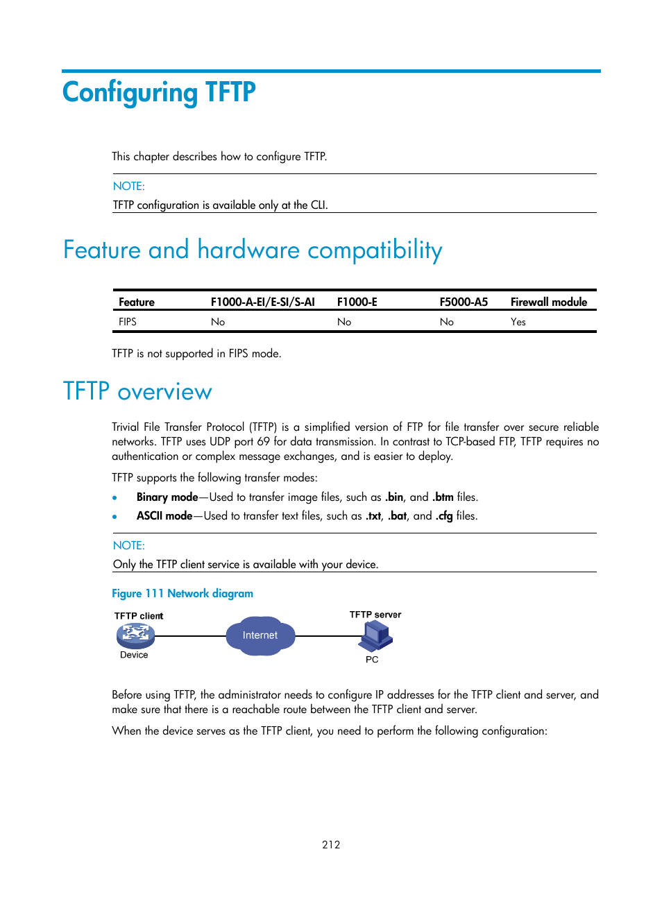 Configuring tftp, Feature and hardware compatibility, Tftp overview | H3C Technologies H3C SecPath F1000-E User Manual | Page 223 / 234