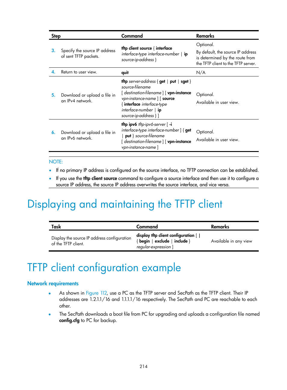 Displaying and maintaining the tftp client, Tftp client configuration example, Network requirements | H3C Technologies H3C SecPath F1000-E User Manual | Page 225 / 234