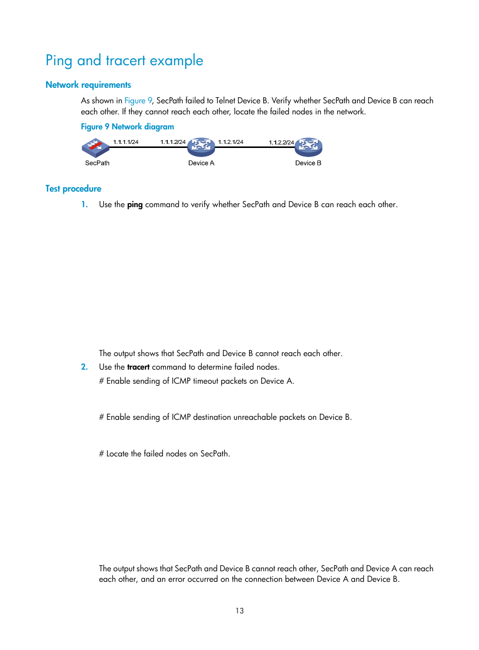 Ping and tracert example, Network requirements, Test procedure | H3C Technologies H3C SecPath F1000-E User Manual | Page 24 / 234