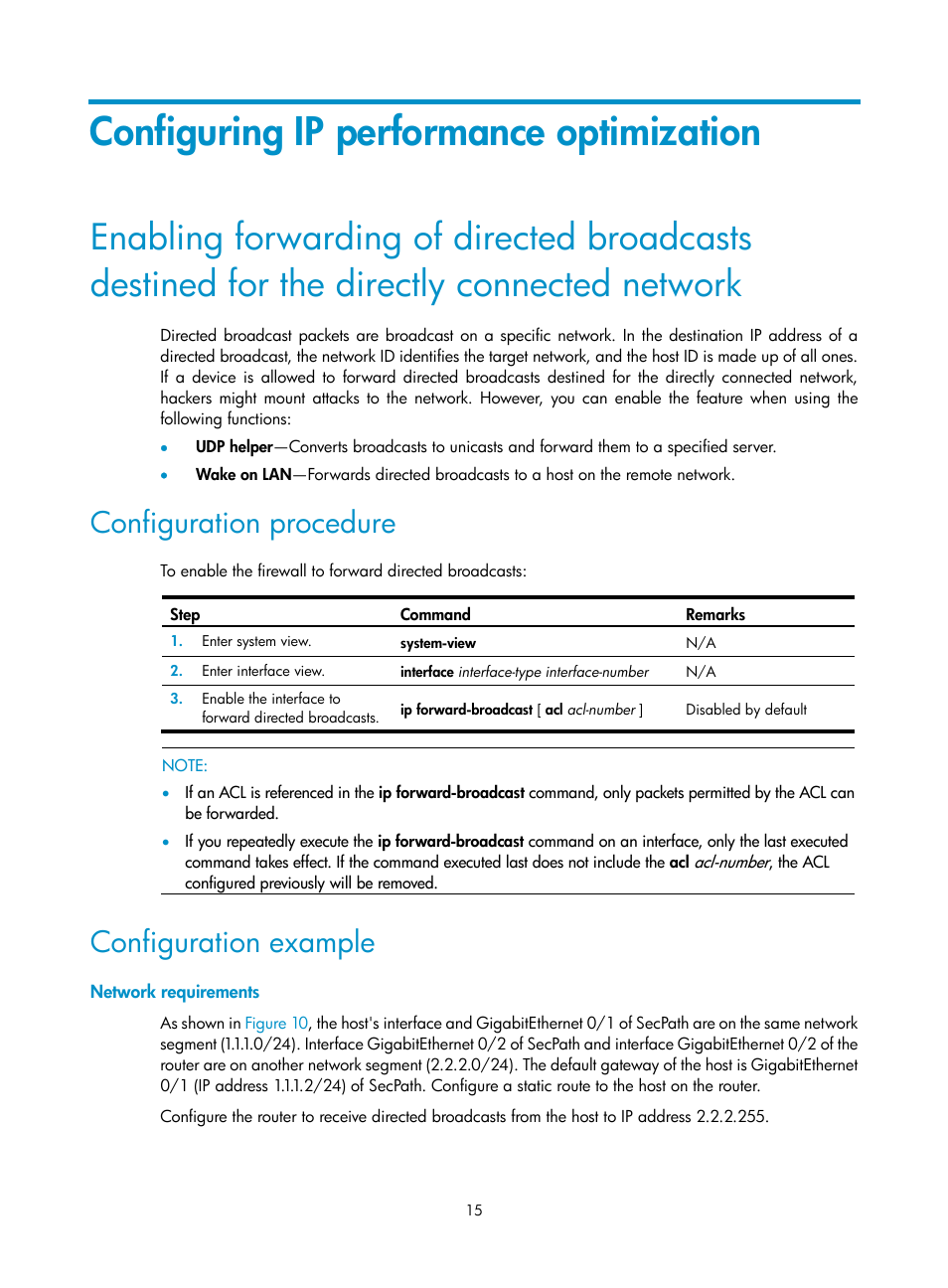 Configuring ip performance optimization, Configuration procedure, Configuration example | Network requirements | H3C Technologies H3C SecPath F1000-E User Manual | Page 26 / 234