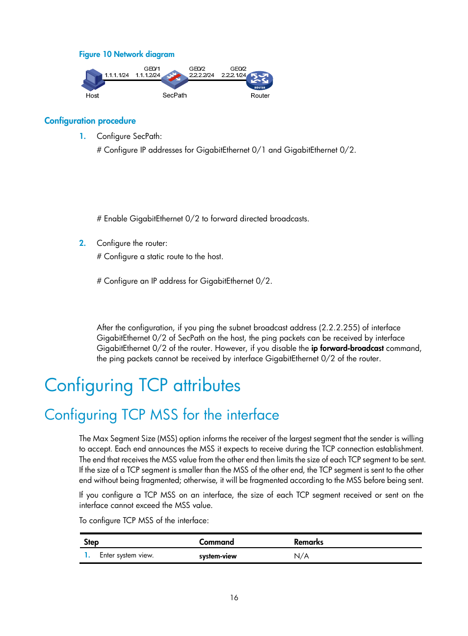 Configuration procedure, Configuring tcp attributes, Configuring tcp mss for the interface | H3C Technologies H3C SecPath F1000-E User Manual | Page 27 / 234