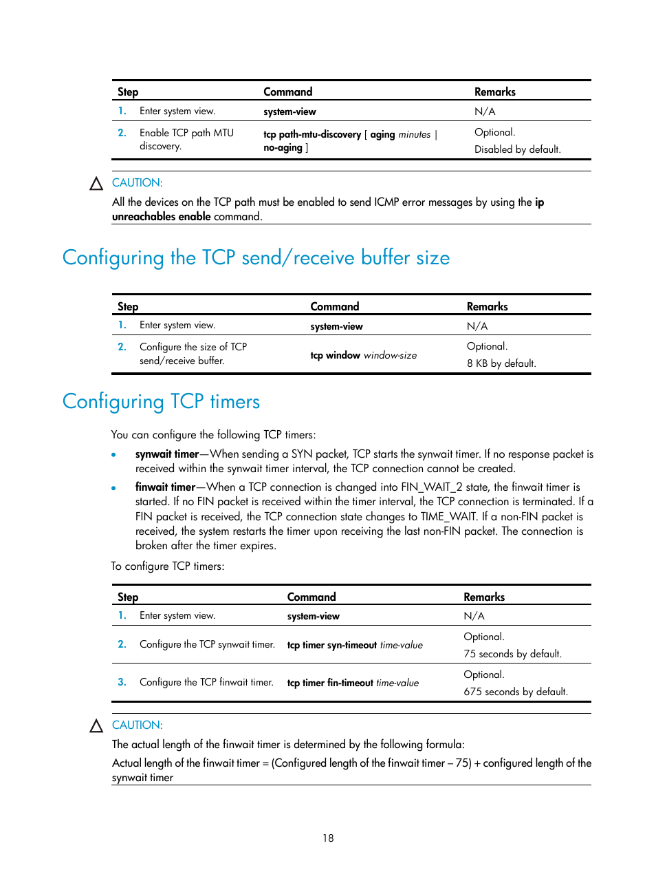 Configuring the tcp send/receive buffer size, Configuring tcp timers | H3C Technologies H3C SecPath F1000-E User Manual | Page 29 / 234