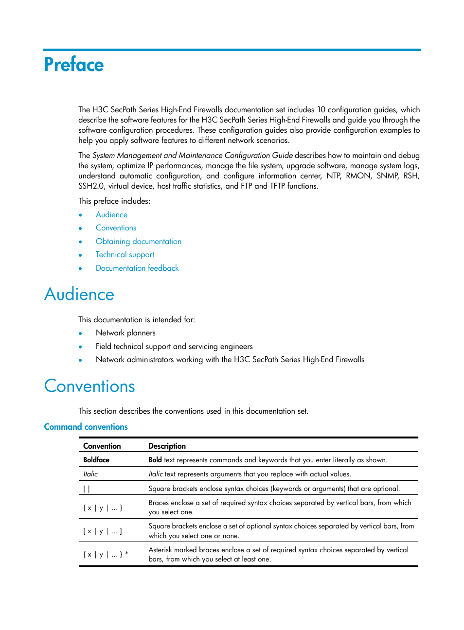 Preface, Audience, Conventions | Command conventions | H3C Technologies H3C SecPath F1000-E User Manual | Page 3 / 234