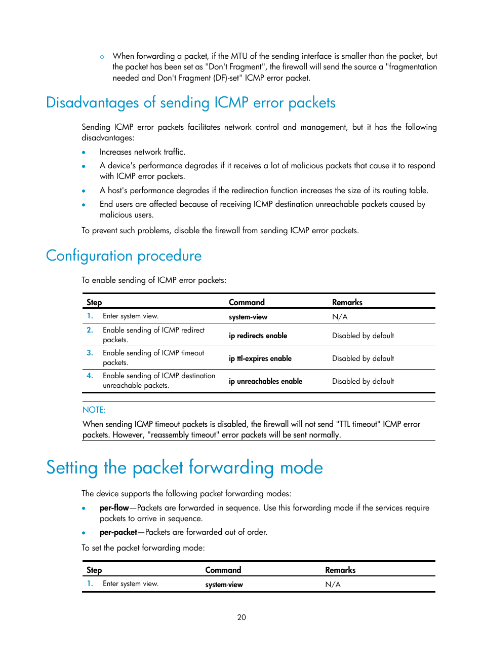 Disadvantages of sending icmp error packets, Configuration procedure, Setting the packet forwarding mode | H3C Technologies H3C SecPath F1000-E User Manual | Page 31 / 234