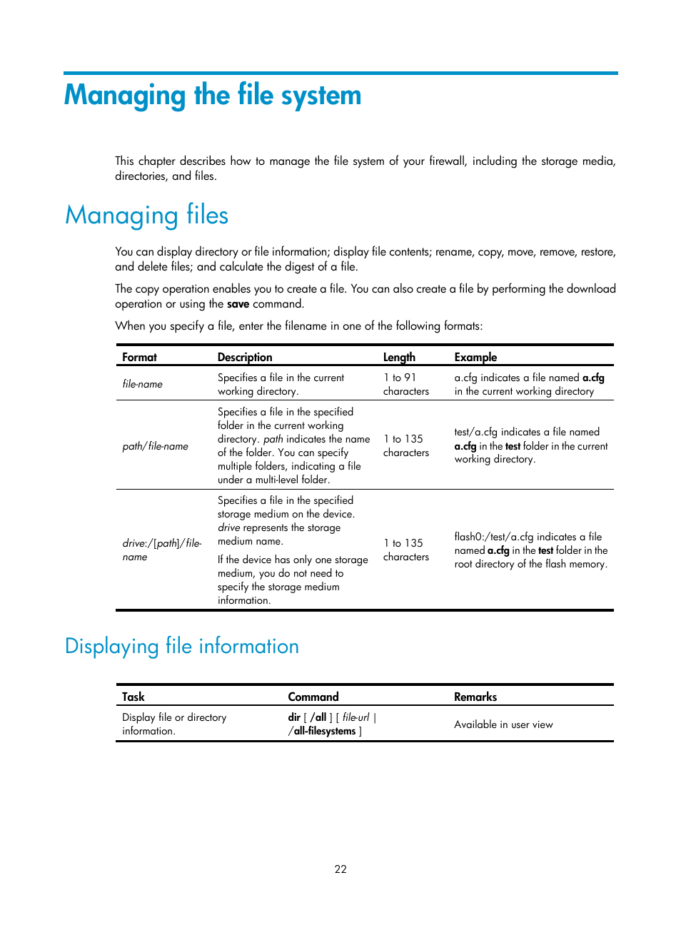 Managing the file system, Managing files, Displaying file information | H3C Technologies H3C SecPath F1000-E User Manual | Page 33 / 234