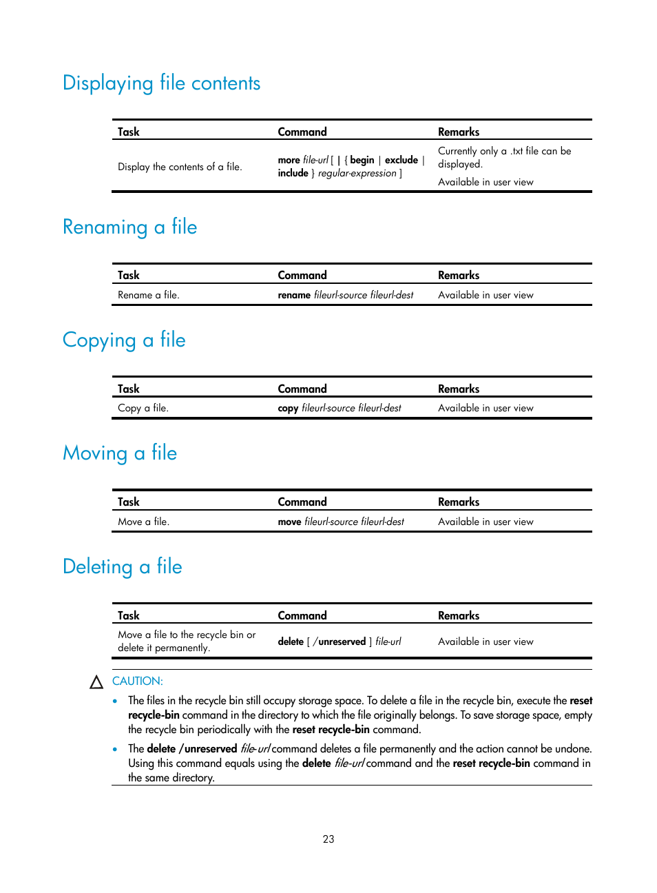 Displaying file contents, Renaming a file, Copying a file | Moving a file, Deleting a file | H3C Technologies H3C SecPath F1000-E User Manual | Page 34 / 234