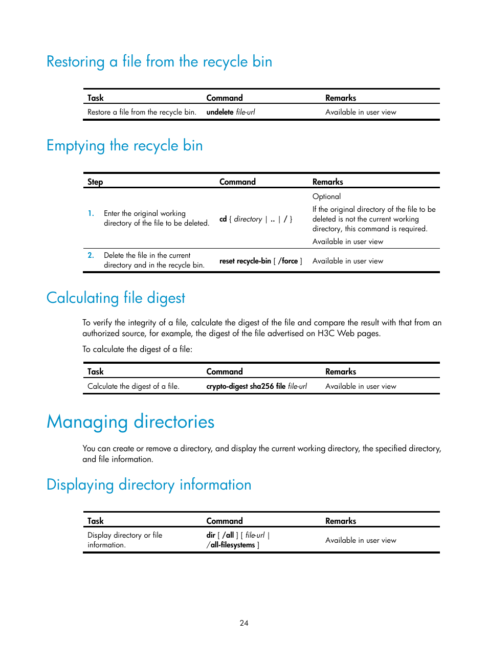 Restoring a file from the recycle bin, Emptying the recycle bin, Calculating file digest | Managing directories, Displaying directory information | H3C Technologies H3C SecPath F1000-E User Manual | Page 35 / 234