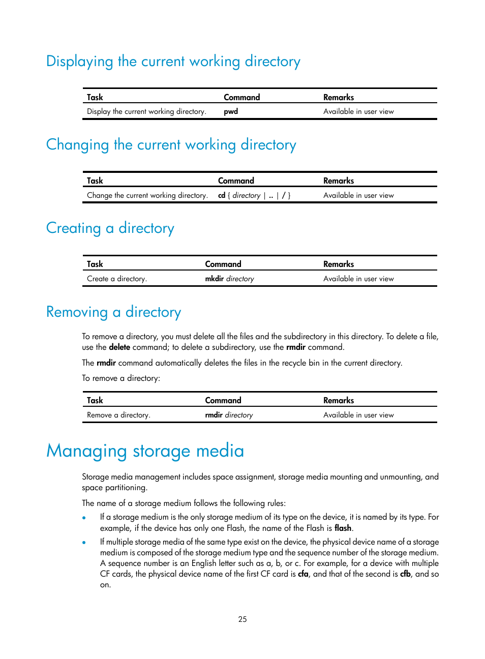 Displaying the current working directory, Changing the current working directory, Creating a directory | Removing a directory, Managing storage media | H3C Technologies H3C SecPath F1000-E User Manual | Page 36 / 234