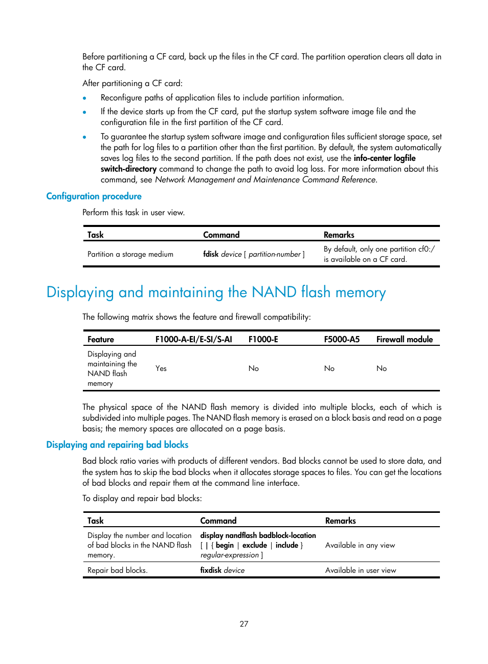 Configuration procedure, Displaying and maintaining the nand flash memory, Displaying and repairing bad blocks | H3C Technologies H3C SecPath F1000-E User Manual | Page 38 / 234